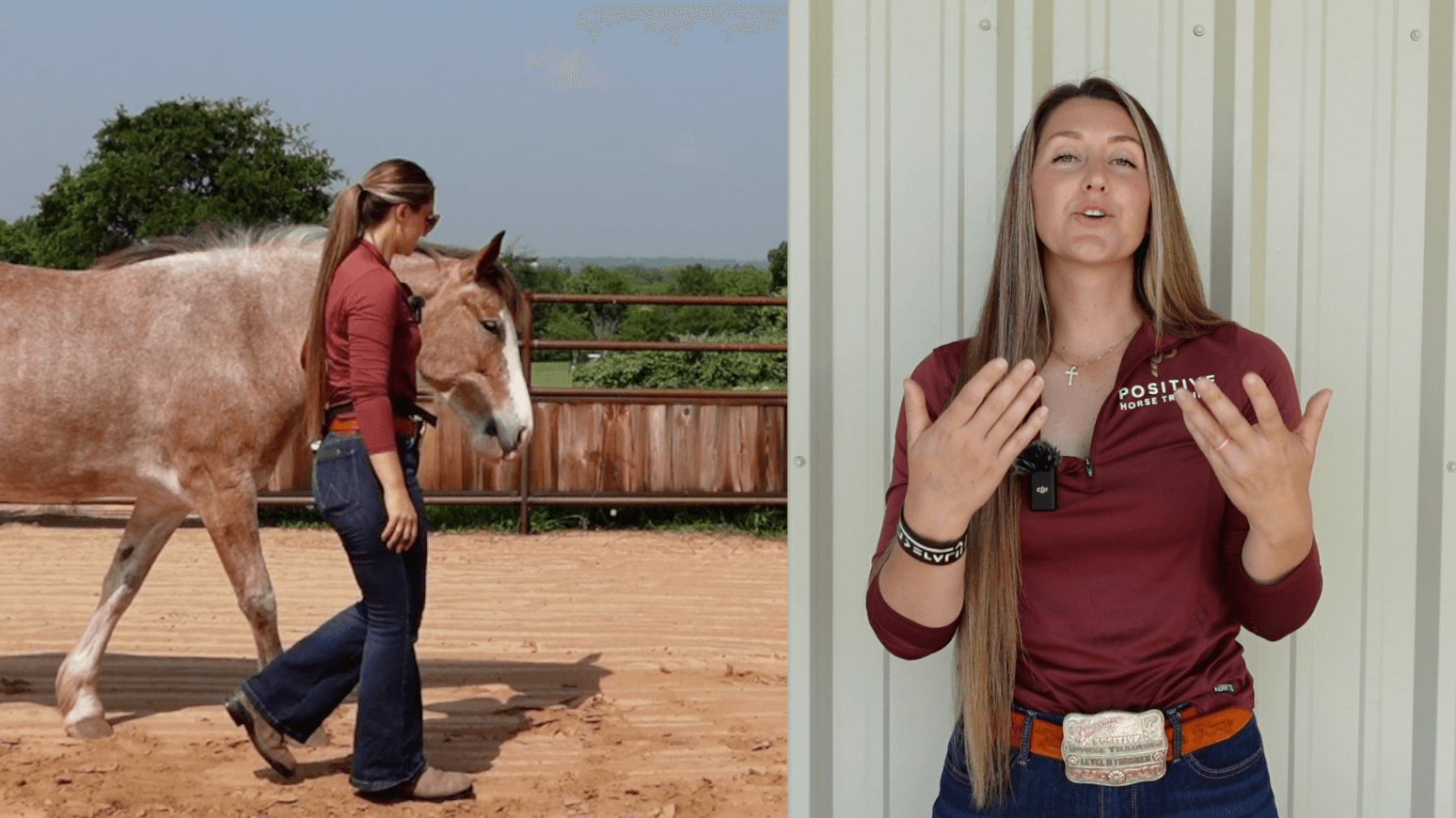Split view: Marina walking with a roan horse in the arena, and Marina explaining a lesson to the camera