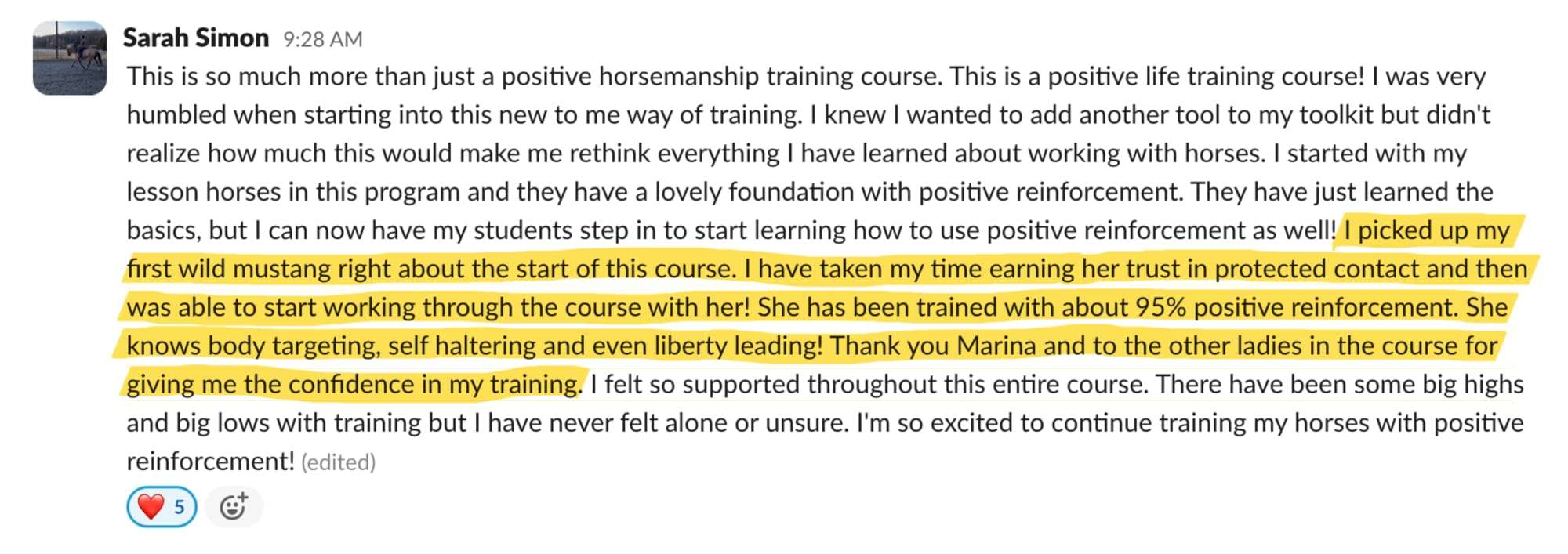 Student feedback from a Positive Horse Training student