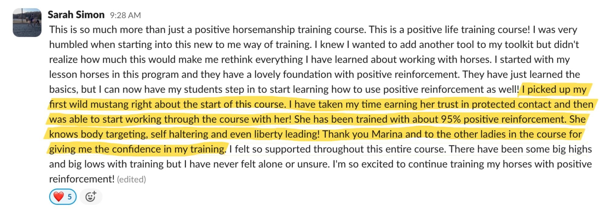Student feedback from a Positive Horse Training student