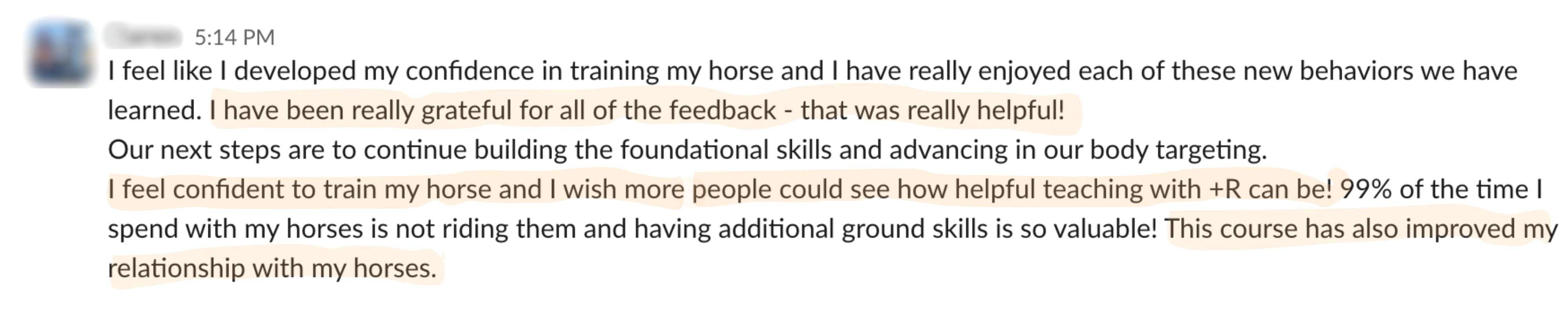 Student feedback from a Positive Horse Training student
